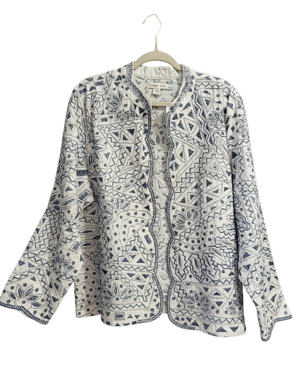 Coldwater Creek Open Front Jacket Blazer Sz 2X White Blue Embroidery Office Work